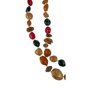Colorful Statement Chunky Nut Seed Shell Bead Rope Necklace Vintage Tribal Boho